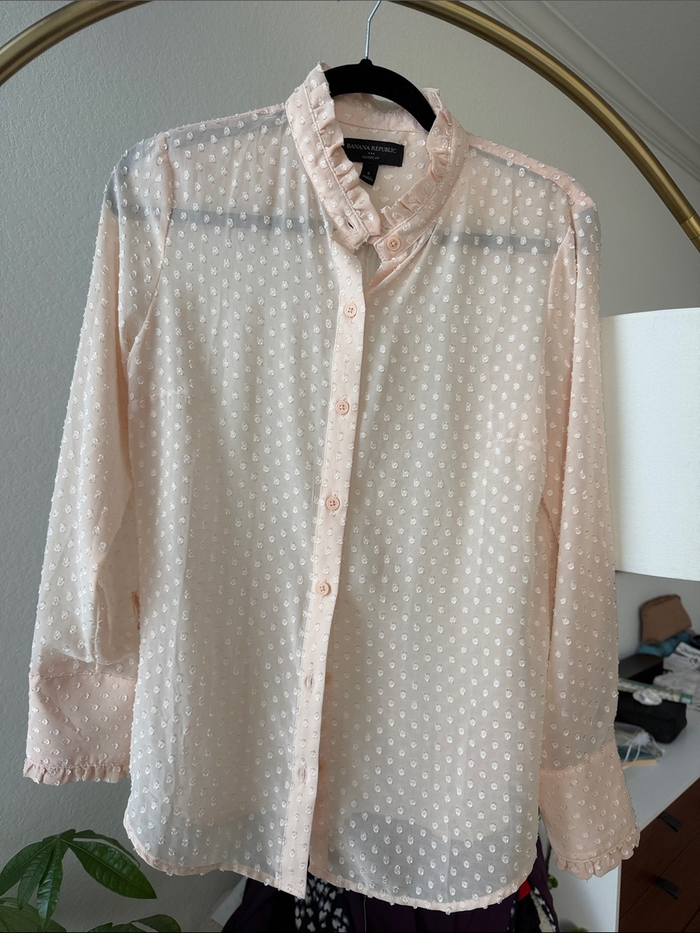 Banana Republic Blush Pointelle Ruffle Neck Button-Up Shirt